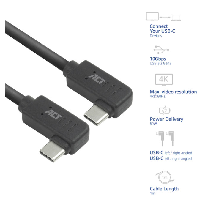 Kabel ACT USB-C hoek links/rechts 10Gbps 1m