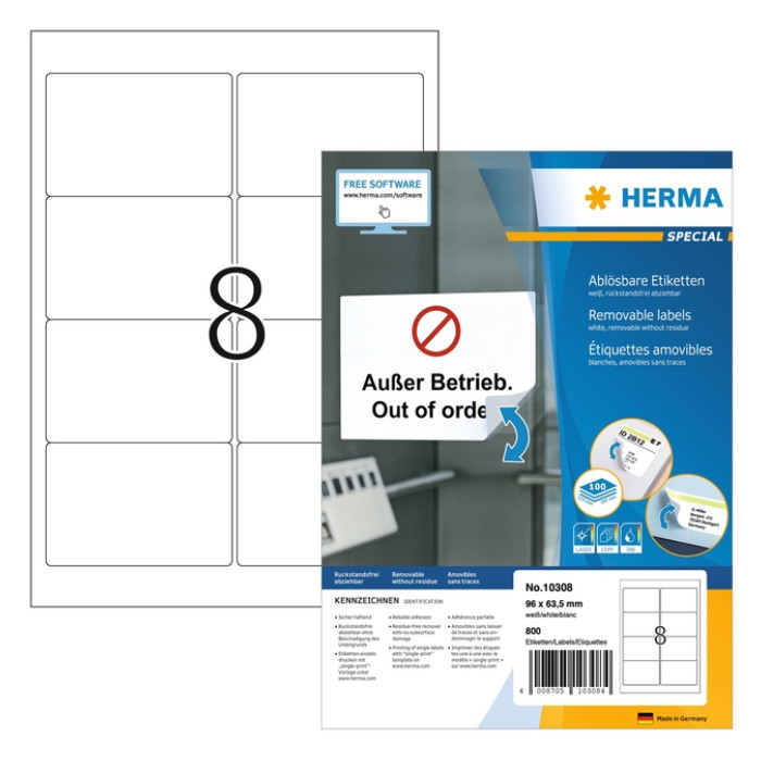 Etiket HERMA 10308 96x63.5mm verwijderbaar wit 800 stuks