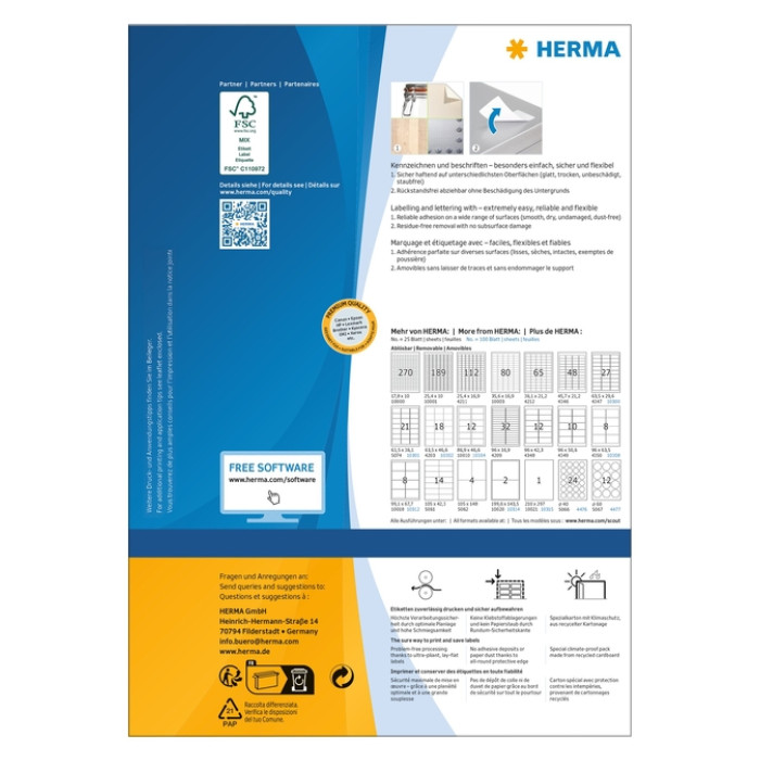 Etiket HERMA 10308 96x63.5mm verwijderbaar wit 800 stuks