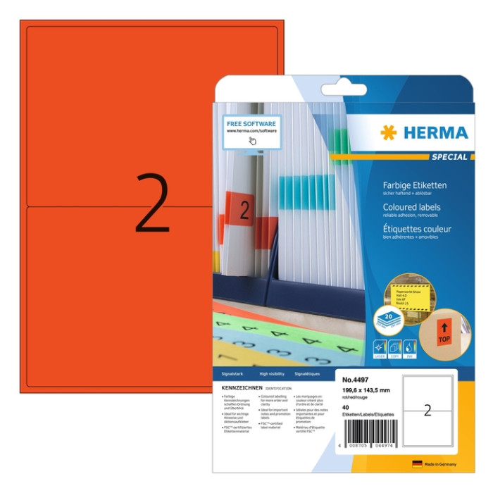 Etiket HERMA 4497 199.6x143.5mm verwijderbaar rood 40 stuks