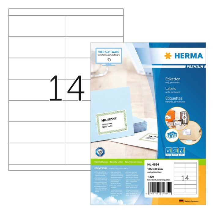 Etiket HERMA 4654 105x39mm premium wit 1400 stuks