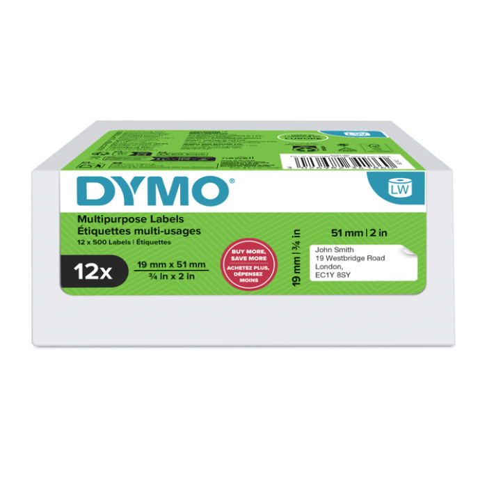 Etiket Dymo LabelWriter multifunctioneel 19x51mm 12 rollen á 500 stuks wit