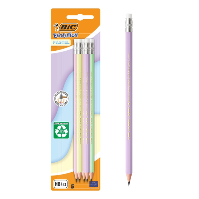 Potlood Bic HB met gom pastel assorti blister 5 stuks