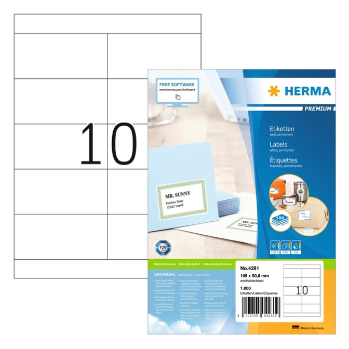 Etiket HERMA 4281 105x50.8mm premium wit 1000 stuks