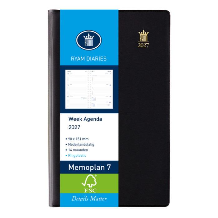 Agenda 2027 Ryam Memoplan 7 Suprema ringplastic 7dagen/2pagina's zwart