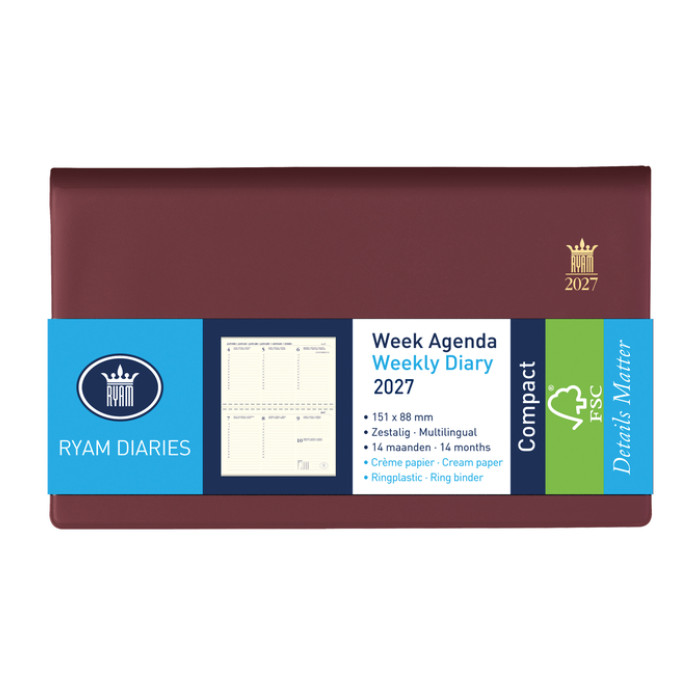 Agenda 2027 Ryam Compact Suprema 7dagen/2pagina's ringplastic bordeaux