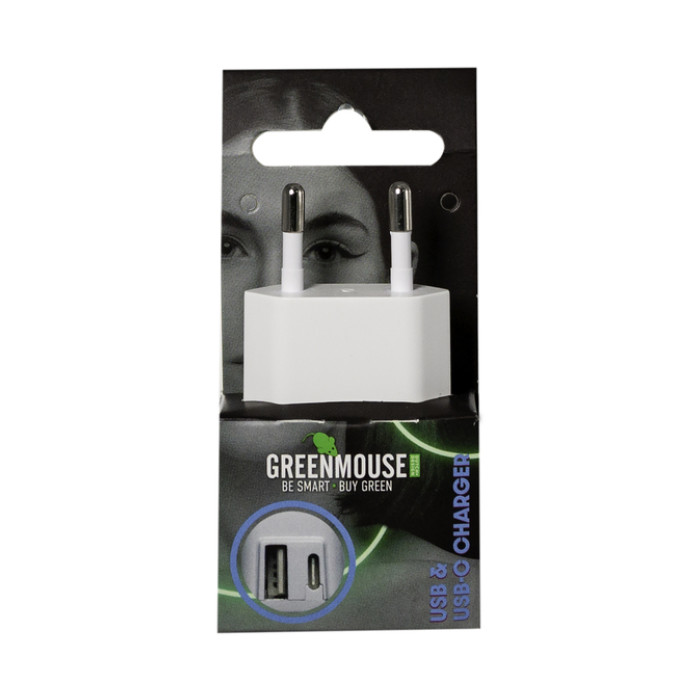 Oplader Green Mouse USB-C 1x en USB-A 1x wit blisterverpakking