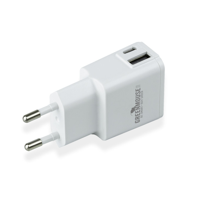 Oplader Green Mouse USB-C 1x en USB-A 1x wit blisterverpakking