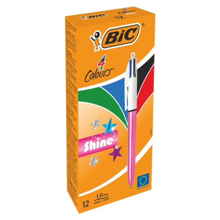 4-Kleuren balpen Bic Shine medium roze à 12 stuks