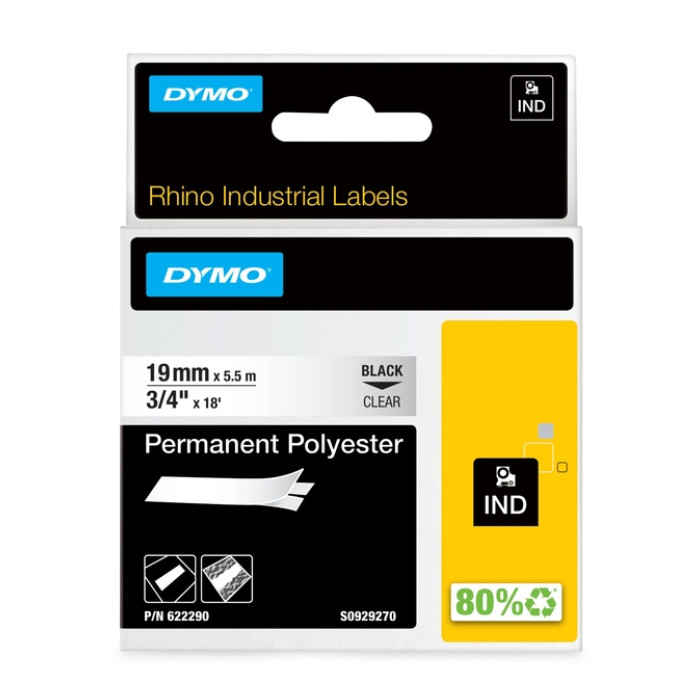 Labeltape Dymo Rhino industrieel polyester 19mm zwart op transparant