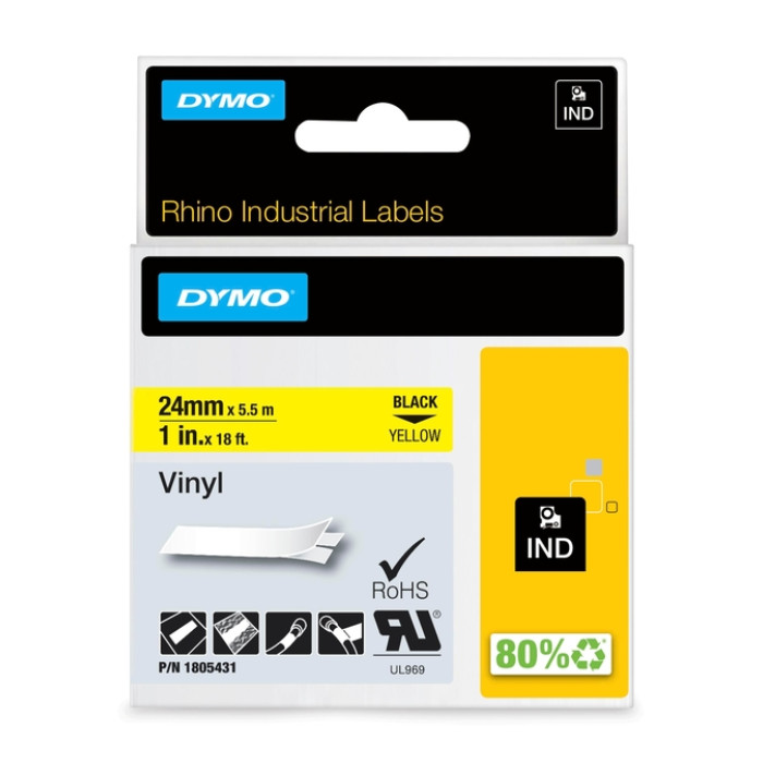 Labeltape Dymo Rhino industrieel vinyl 24mm zwart op geel