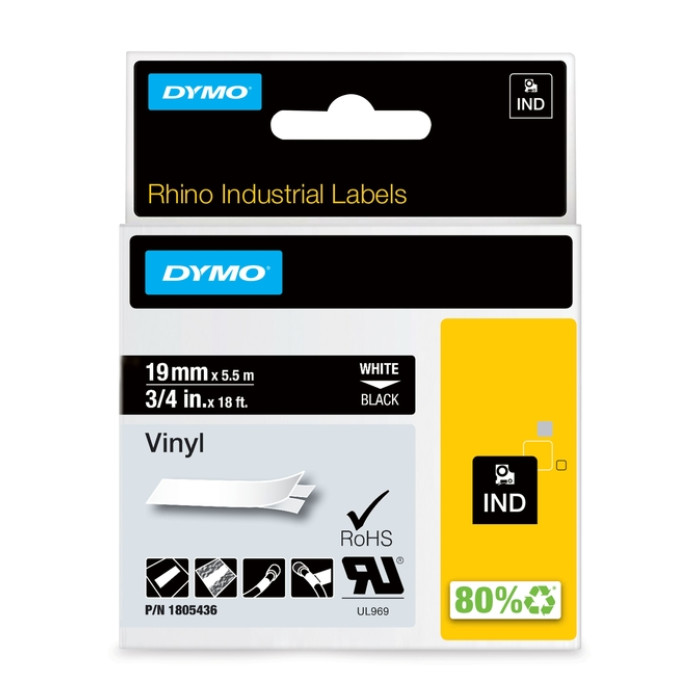 Labeltape Dymo Rhino industrieel vinyl 19mm wit op zwart