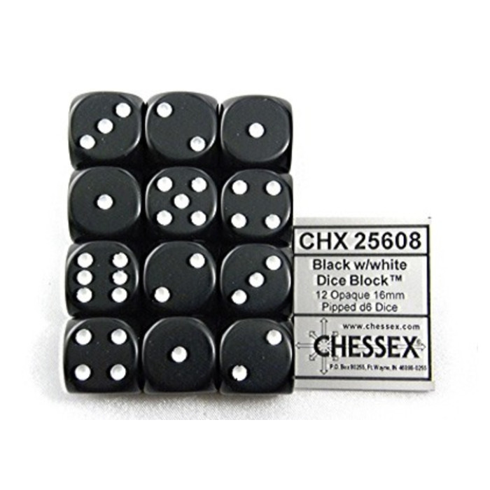 Dobbelsteen Chessex Black/white D6 16mm set à 12 stuks