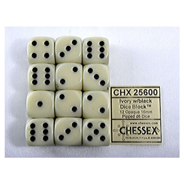 Dobbelsteen Chessex Ivory/black D6 16mm set à 12 stuks