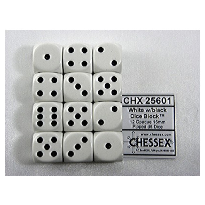 Dobbelsteen Chessex White/black D6 16mm set à 12 stuks