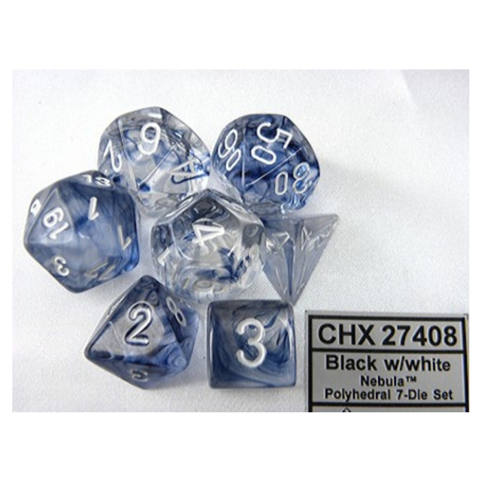 Dobbelsteen Chessex  Polydice Nebula Black/white set à 7 stuks