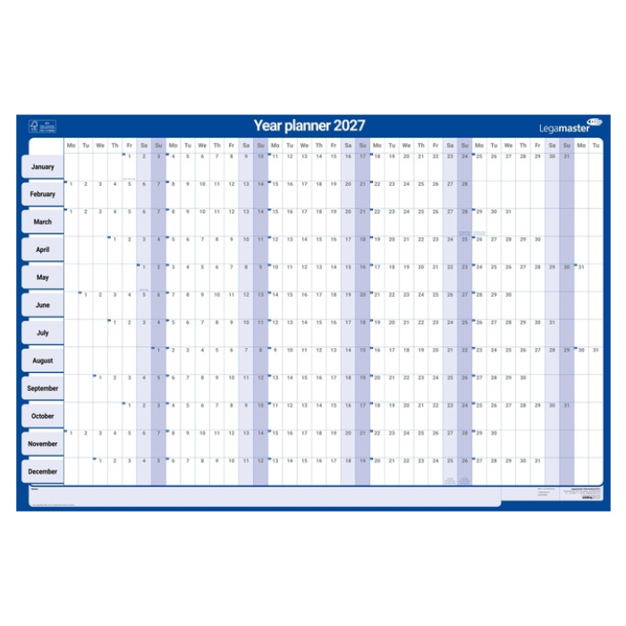 Jaarplanner 2027 Legamaster 90x60cm horizontaal gelamineerd Engelstalig