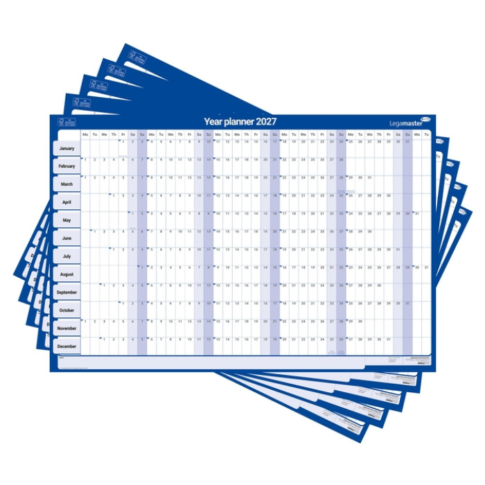 Jaarplanner 2027 Legamaster 90x60cm horizontaal gelamineerd Engelstalig