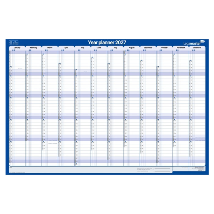 Jaarplanner 2027 Legamaster 1 persoon 90x60cm horizontaal gelamineerd Engelstalig