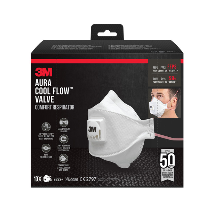 Stofmasker 3M Aura Comfort Cool Flow 9332 FFP3 met ventiel 10 stuks
