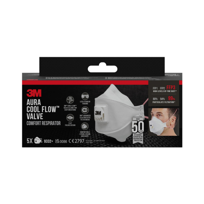 Stofmasker 3M Aura Comfort Cool Flow 9332 FFP3 met ventiel 5 stuks