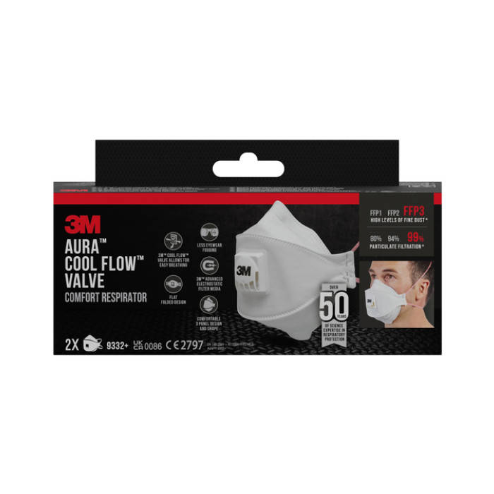 Stofmasker 3M Aura Comfort Cool Flow 9332 FFP3 met ventiel 2 stuks
