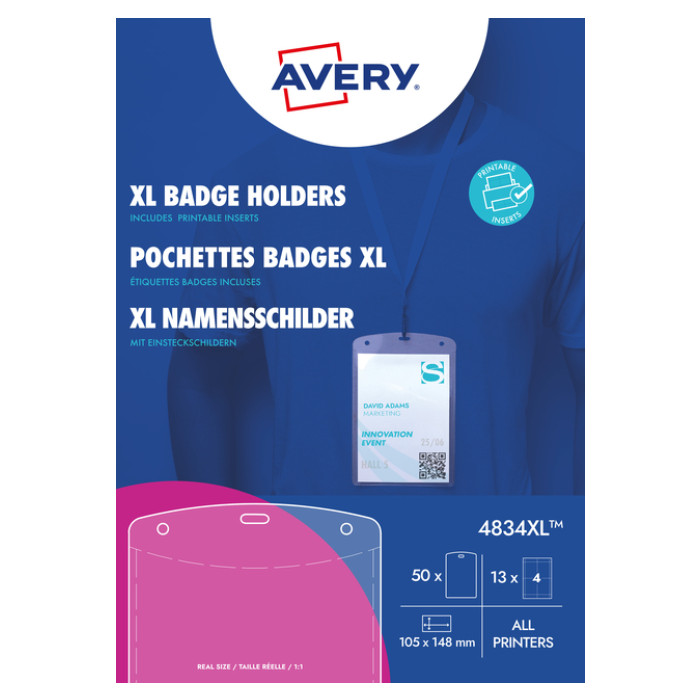 Badge Avery 4834XL A6 hoes + bedrukbare insteekkaarten 50 stuks