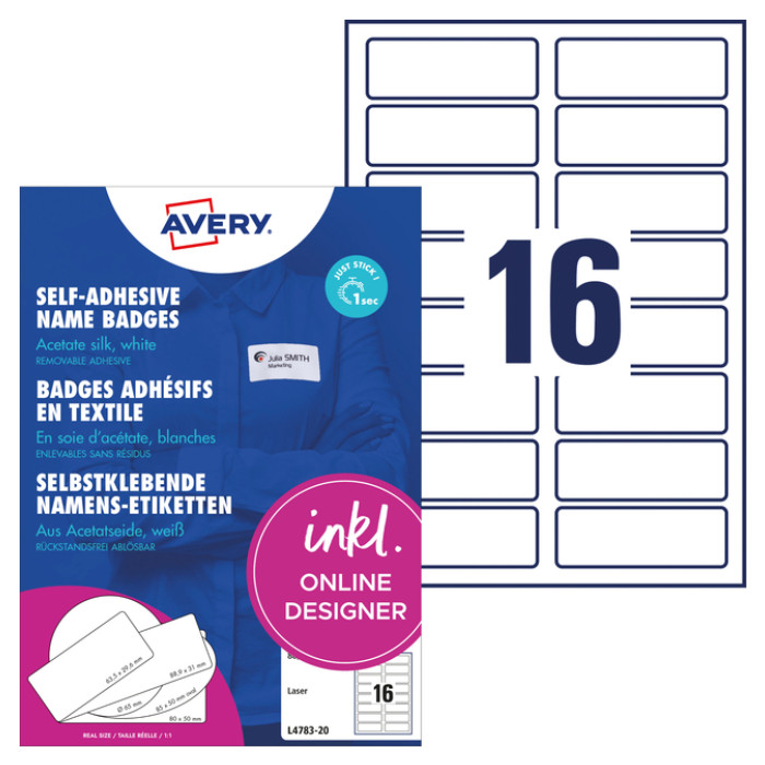 Naambadge etiket Avery L4783-20 88.9x31mm zelfklevend 320 stuks