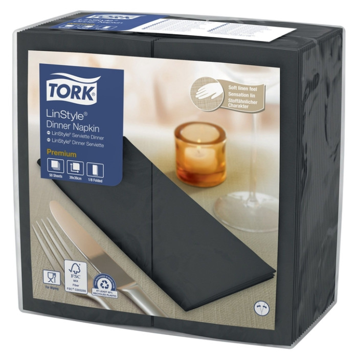 Dinerservet Tork Linstyle Premium 1/8 vouw 1-laags 390x390mm 50 vel zwart 478196
