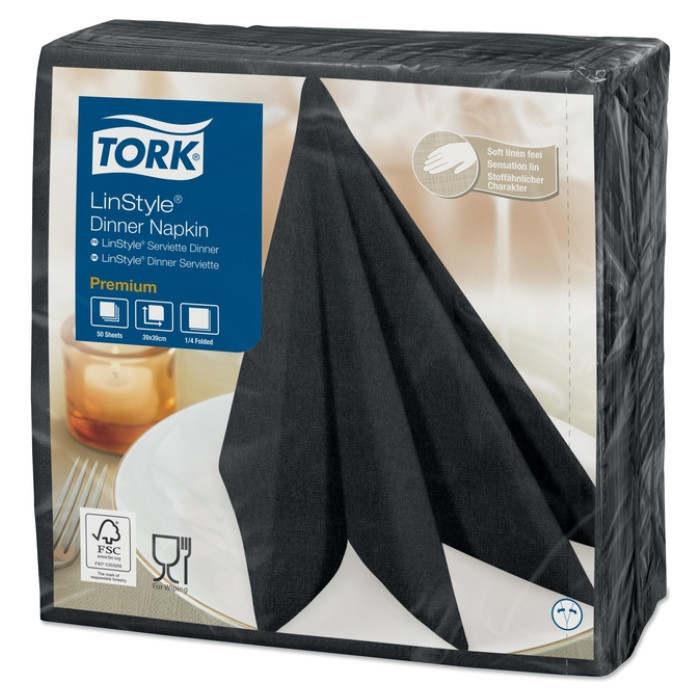 Dinerservet Tork Linstyle Premium 1/4 vouw 1-laags 390x390mm 50 vel zwart 478825