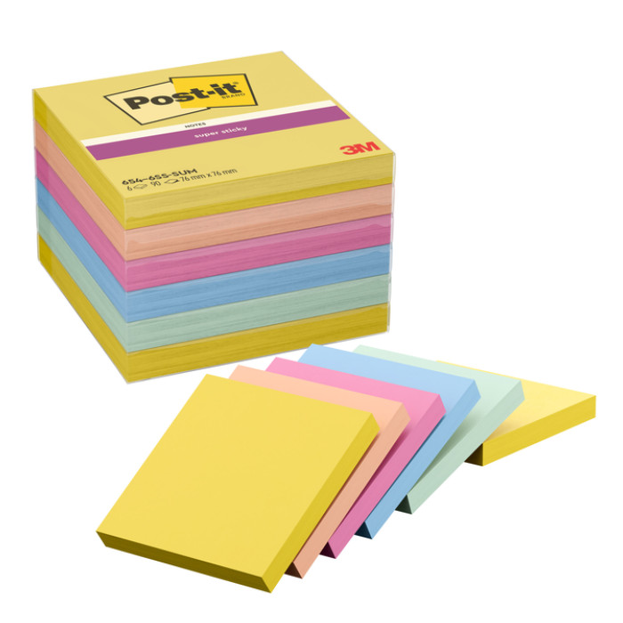 Memoblok Post-it 654 Super Sticky 76x76mm Summer Sorbet 6 stuks