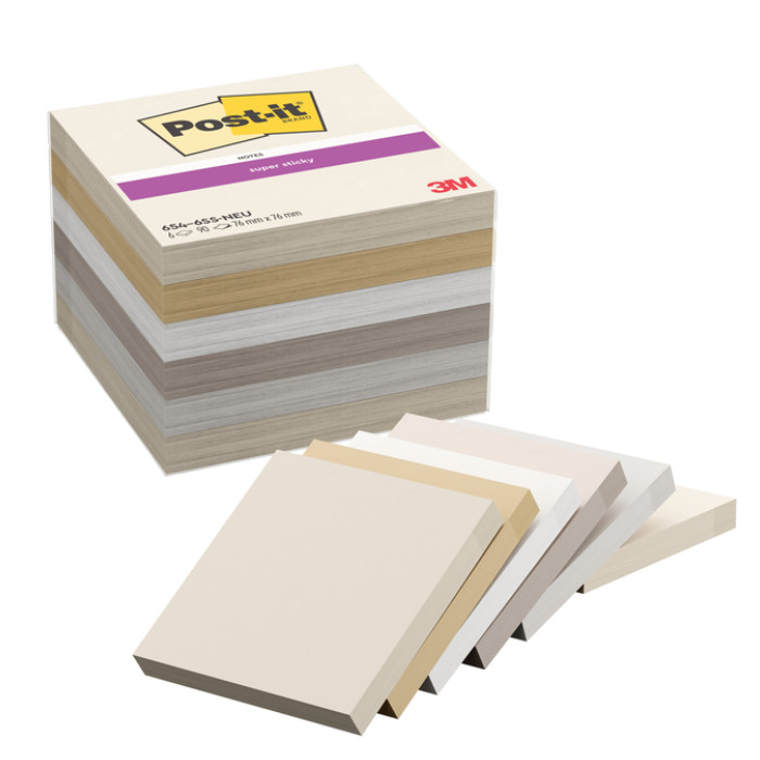 Memoblok Post-it 654 Super Sticky 76x76mm Neutrality 6 stuks