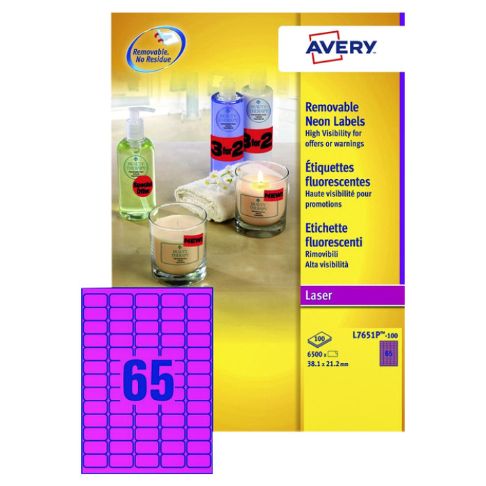 Etiket Avery L7651PF-100 38.1x21.2mm neon roze 6500 etiketten