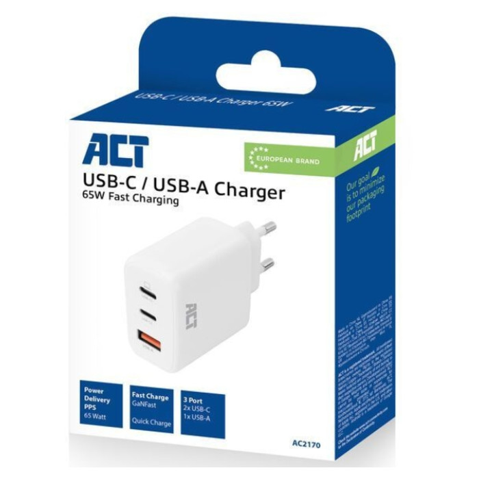 Oplader ACT 65W 3-poorts USB-C USB-A PD QC Ganfast