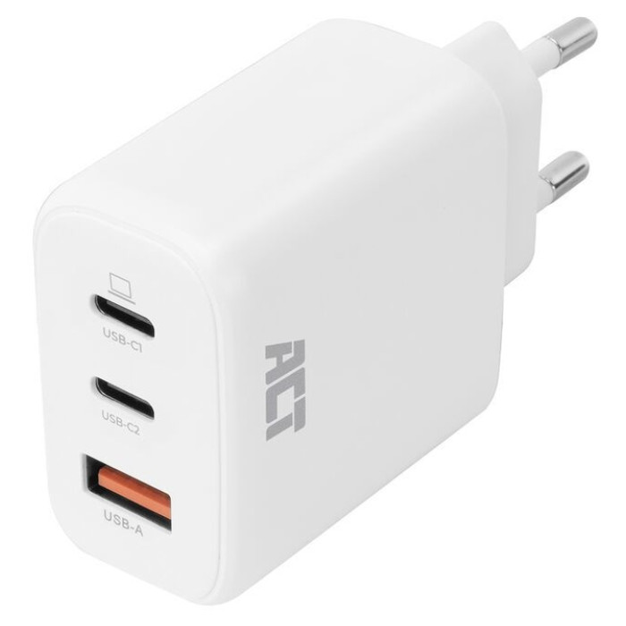 Oplader ACT 65W 3-poorts USB-C USB-A PD QC Ganfast