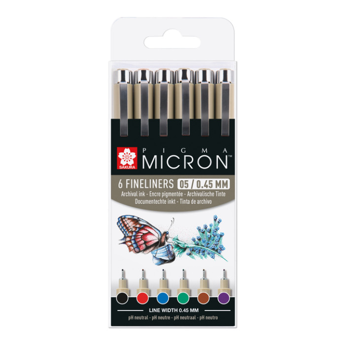 Fineliner Sakura Pigma Micron 05 basic set 6 kleuren