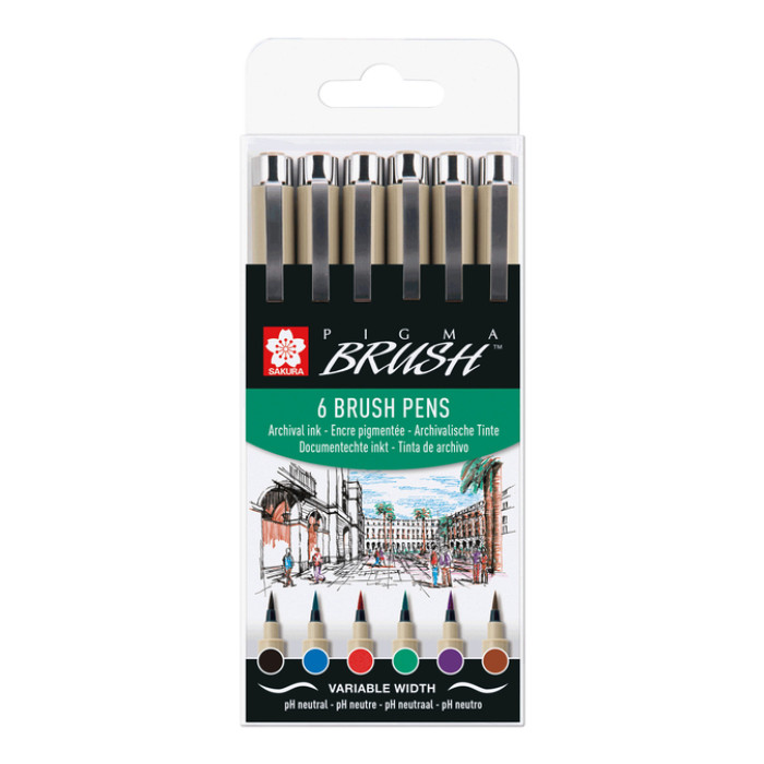 Brushpen Sakura Pigma Brush set á 6 stuks zwart