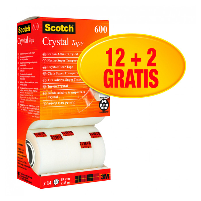 Plakband Scotch Crystal 600 19mmx33m transparant 12+2 gratis