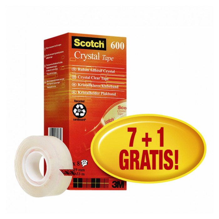 Plakband Scotch Crystal 600 19mmx33m transparant 7+1 gratis