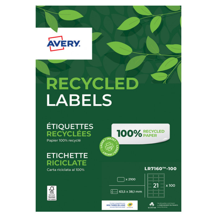 Etiket Avery LR7160-100 63.5x38.1mm recycled wit 2100stuks