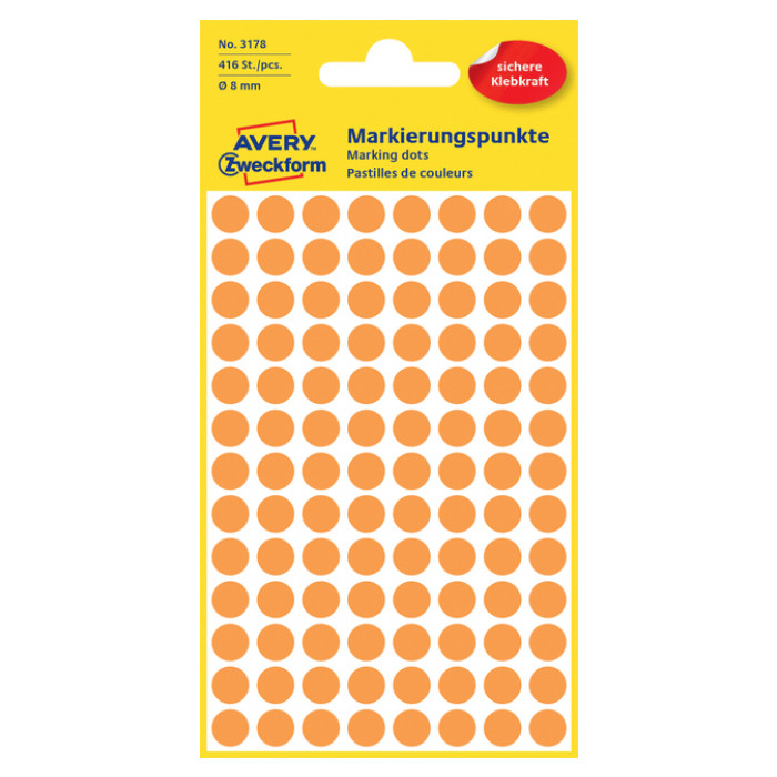 Etiket Avery Zweckform 3178 rond 8mm oranje 416stuks
