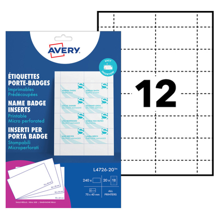 Badgekaart Avery L4726-20 40x75mm microperforatie 20 vel