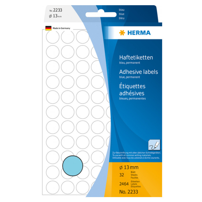 Etiket HERMA 2233 rond 13mm blauw 2464stuks