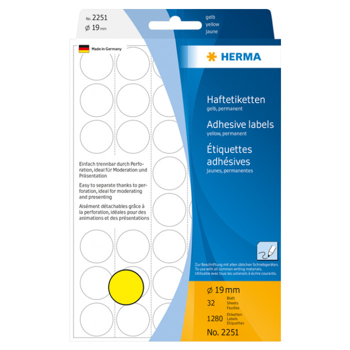 Etiket HERMA 2251 rond 19mm geel 1280stuks