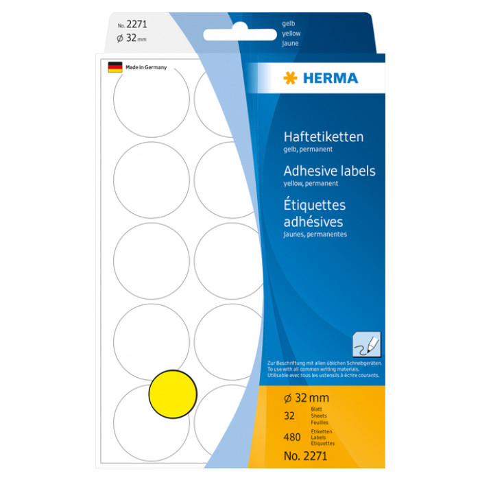 Etiket HERMA 2271 rond 32mm geel 480stuks