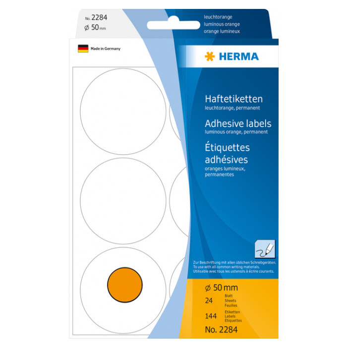 Etiket HERMA 2284 rond 50mm fluor oranje 144stuks