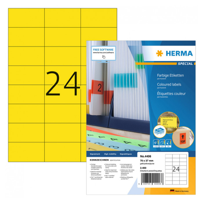 Etiket HERMA 4406 70x37mm geel 2400 etiketten