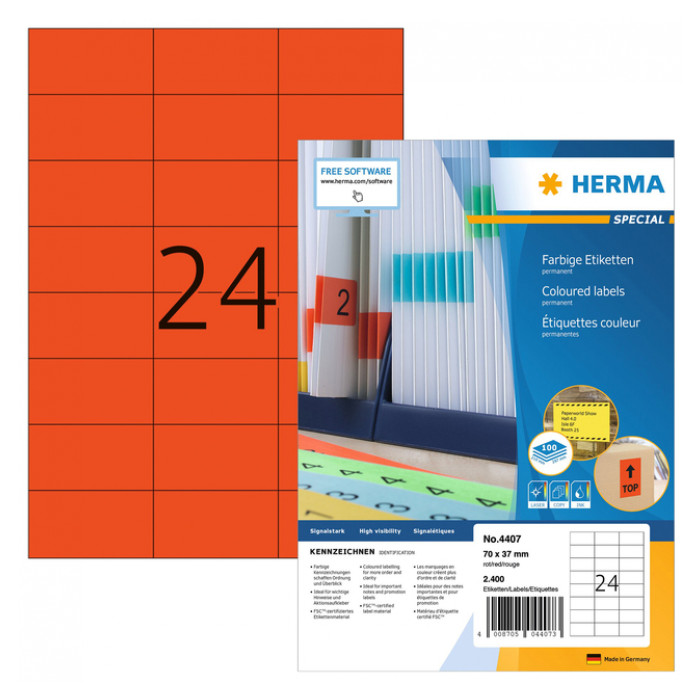 Etiket HERMA 4407 70x37mm rood 2400stuks