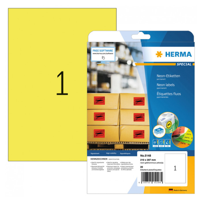 Etiket HERMA 5148 210x297mm A4 fluor geel 20stuks