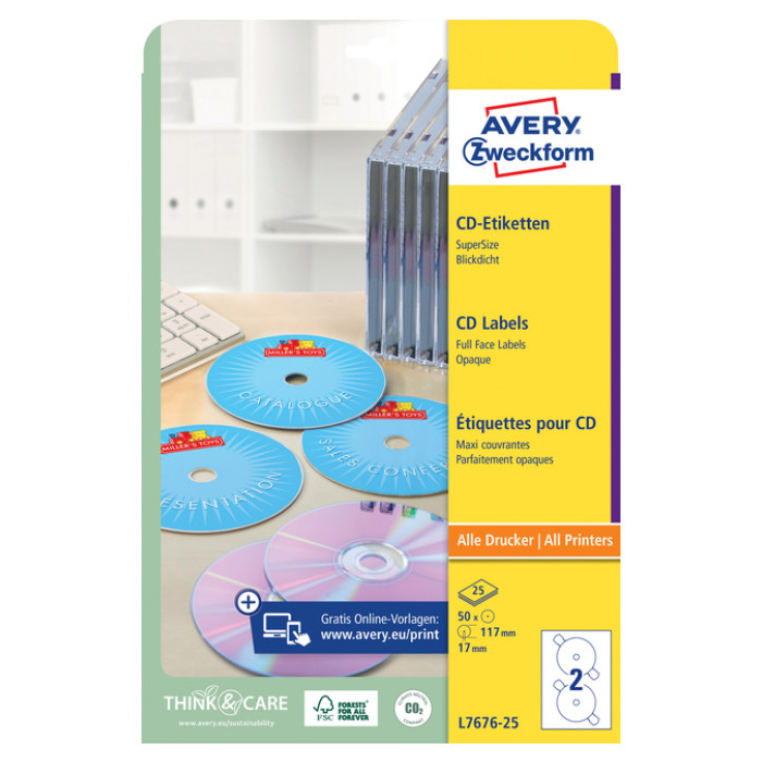 Etiket Avery L7676-25 CD full size mat wit 50stuks